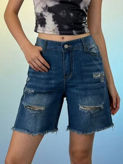 Full Size Ripped Frayed Hem Denim Shorts Plus Size Dark Blue Fitggins