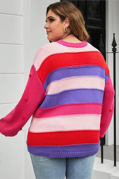 Plus Size Color Block Pom-Pom Trim Sweater - Pullover Sweaters - FITGGINS