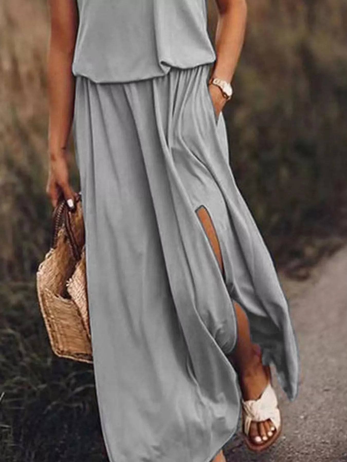 Full Size Round Neck Sleeveless Slit Maxi Dress Plus Size Fitggins