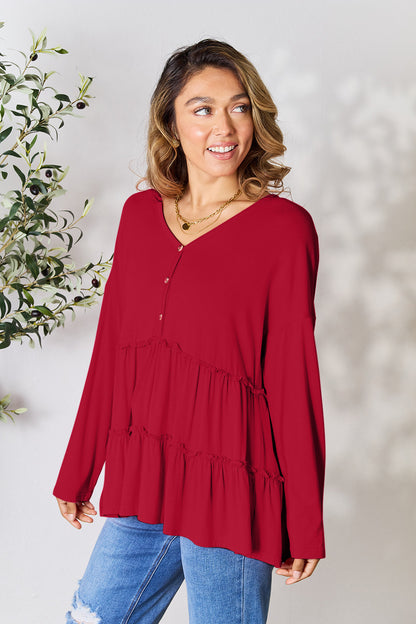 Double Take Half Button Long Sleeve Ruffle Hem Blouse - Blouses - FITGGINS