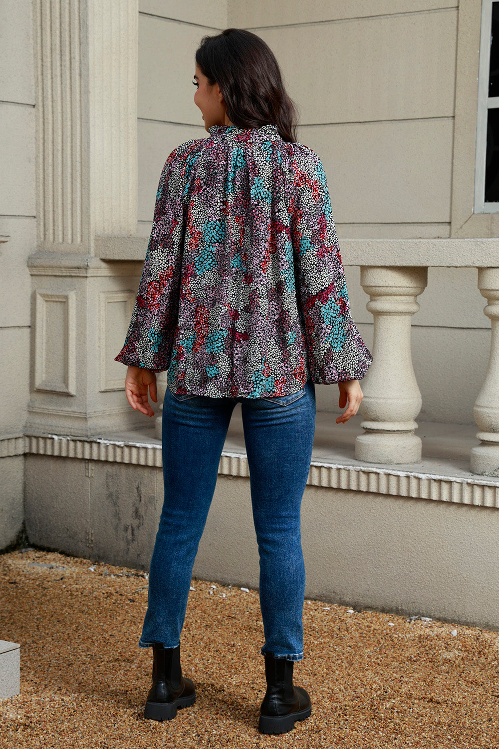 Tie Neck Heathered Balloon Sleeve Blouse Fitggins
