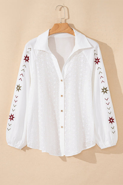 Embroidered Eyelet Collared Long Sleeve Shirt Fitggins