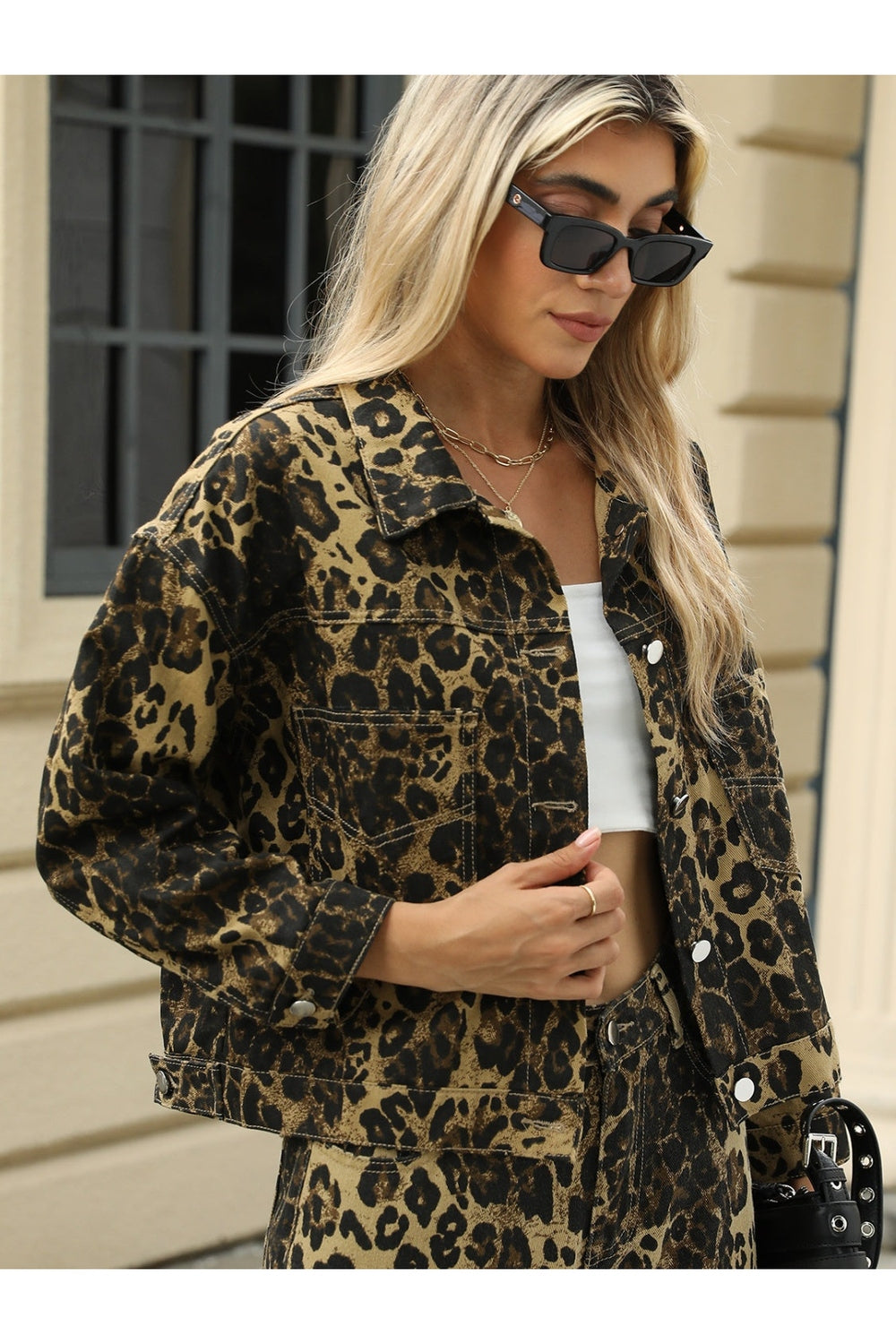 Pocketed Leopard Long Sleeve Denim Jacket - Denim Jackets - FITGGINS