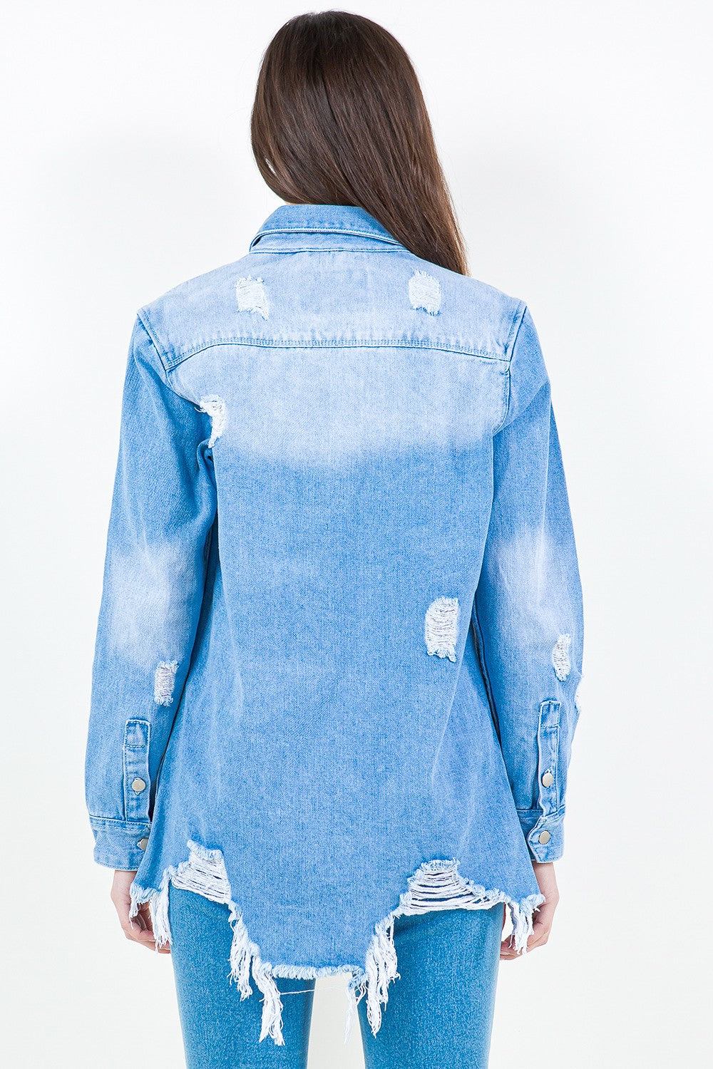 American Bazi Frayed Hem Distressed Denim Shirt Jacket - Denim Jackets - FITGGINS