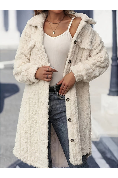 Fuzzy Button Up Long Sleeve Longline Coat - Jackets - FITGGINS