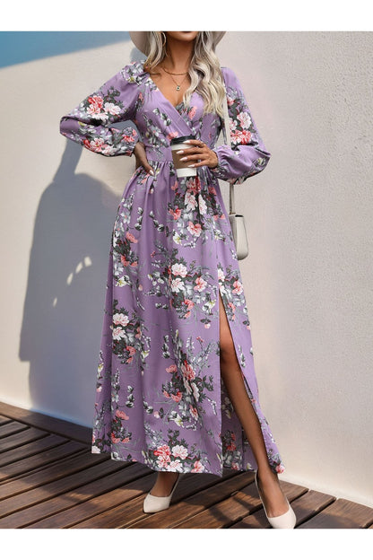 Perfee Slit Printed Surplice Long Sleeve Maxi Dress - Casual & Maxi Dresses - FITGGINS