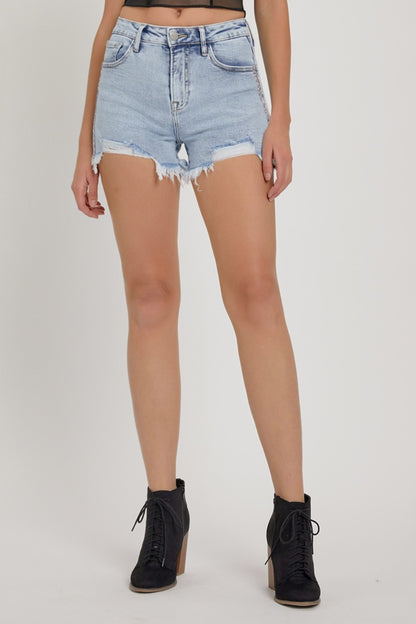 RISEN Full Size High Rise Rhinestone Strap Embellished Denim Shorts - Denim Shorts - FITGGINS