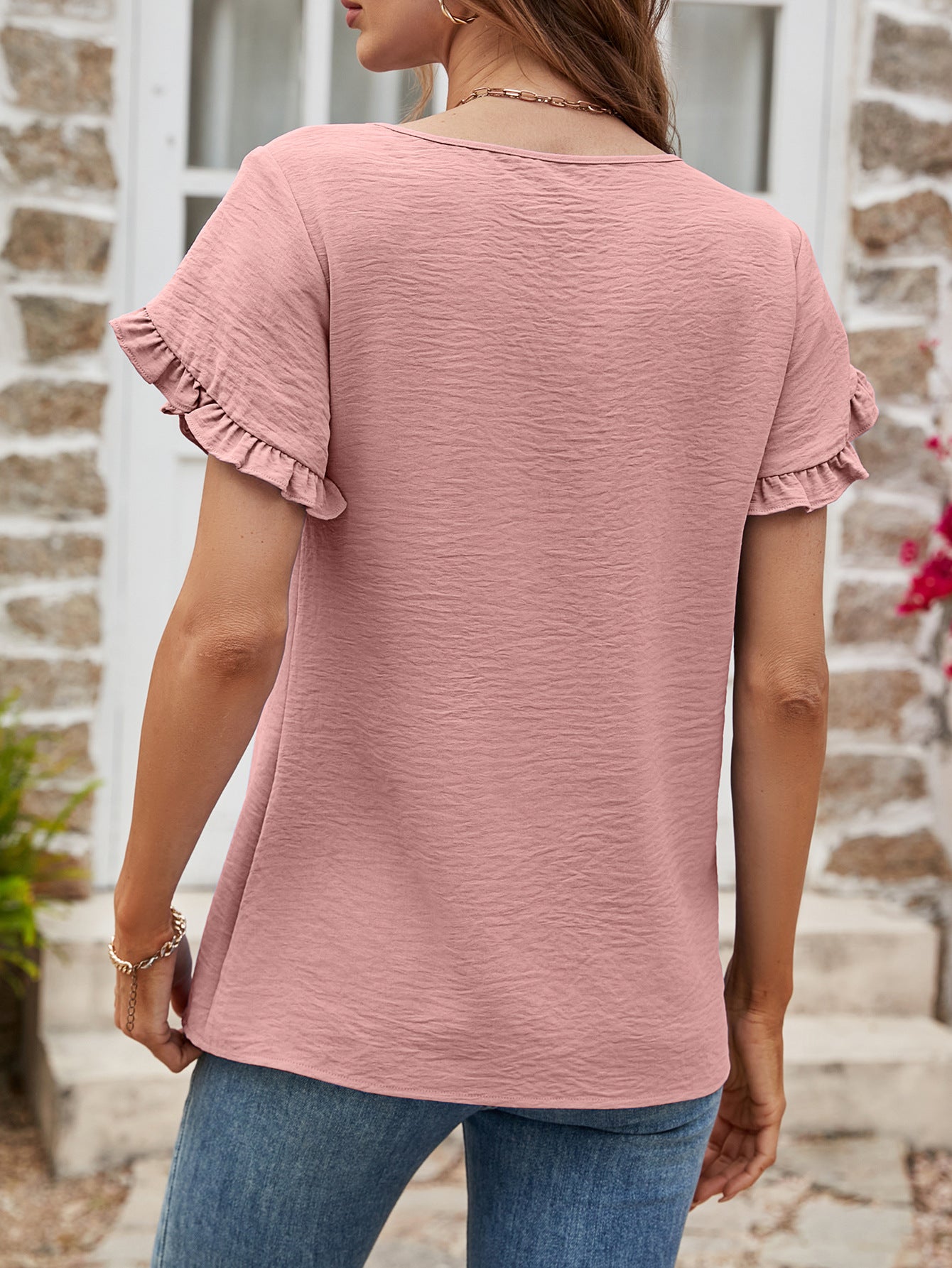 Textured Petal Sleeve Round Neck Tee Fitggins