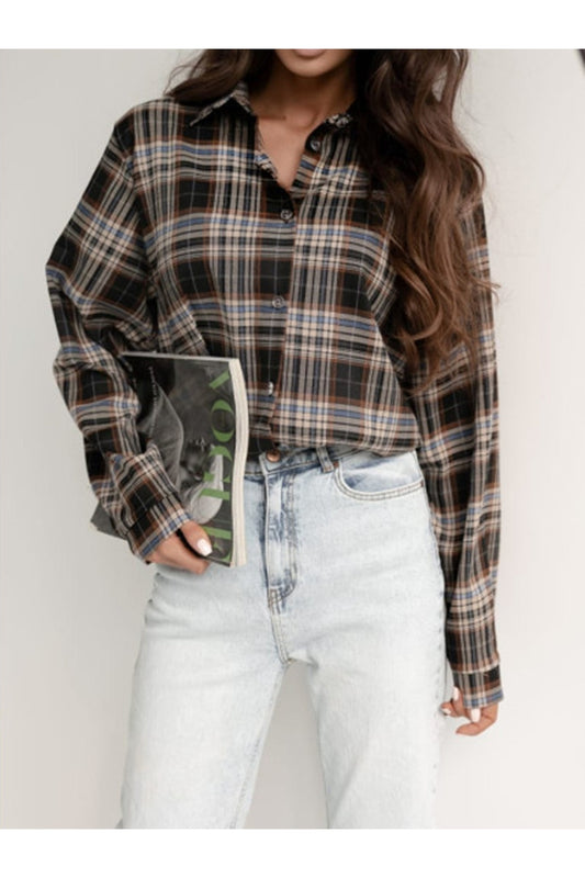 Plaid Collared Neck Long Sleeve Shirt - Shirts - FITGGINS