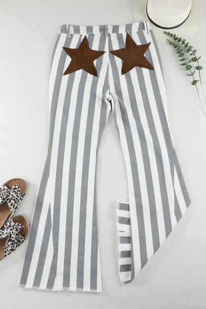 Raw Hem Star Applique Striped Jeans - Jeans - FITGGINS