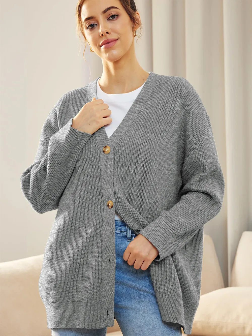Button Down V-Neck Long Sleeve Cardigan Gray Fitggins