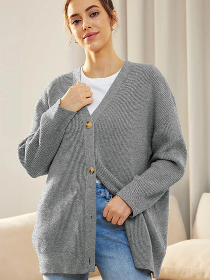 Button Down V-Neck Long Sleeve Cardigan Gray Fitggins