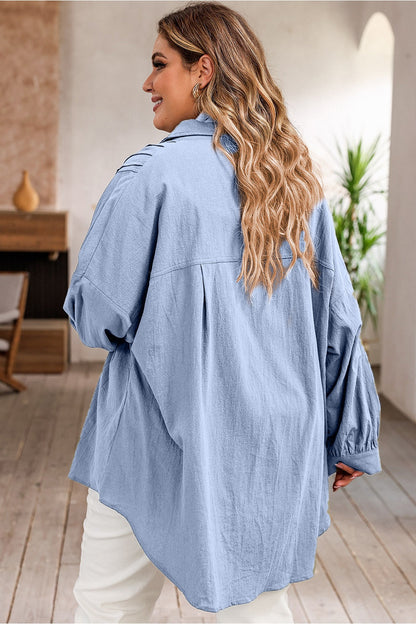 Plus Size High-Low Button Up Dropped Shoulder Shirt - Shirts - FITGGINS