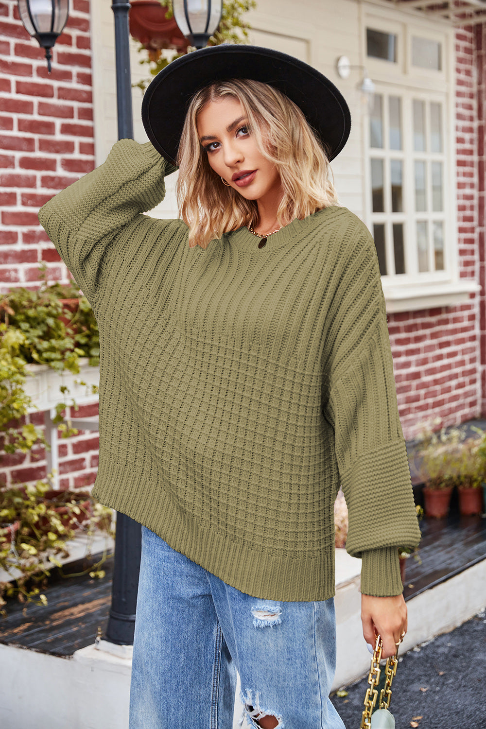 Ribbed Drop Shoulder Lantern Sleeve Sweater - Pullover Sweaters - FITGGINS