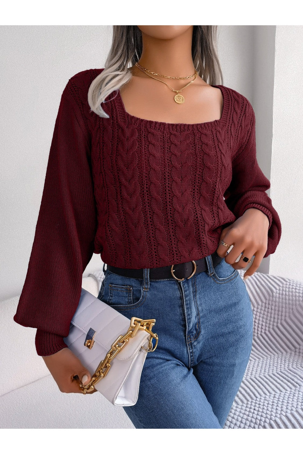 Cable-Knit Square Neck Long Sleeve Sweater - Pullover Sweaters - FITGGINS