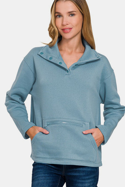 Zenana Turtleneck Half Snap Fleece Sweatshirt - Sweatshirts & Hoodies - FITGGINS