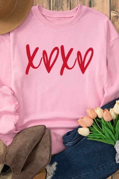 Valentine’s Day XOXO Round Neck Drop Shoulder Sweatshirt - Sweatshirts & Hoodies - FITGGINS