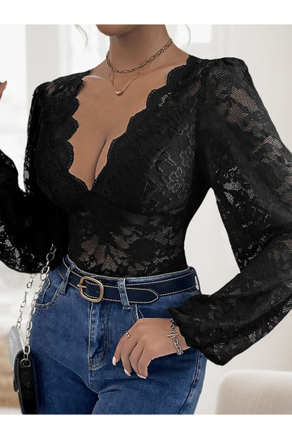 Perfee Lace Plunge Long Sleeve Bodysuit - Bodysuit - FITGGINS