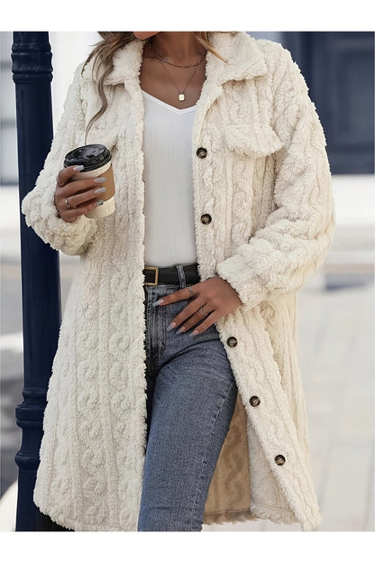 Fuzzy Button Up Long Sleeve Longline Coat - Jackets - FITGGINS