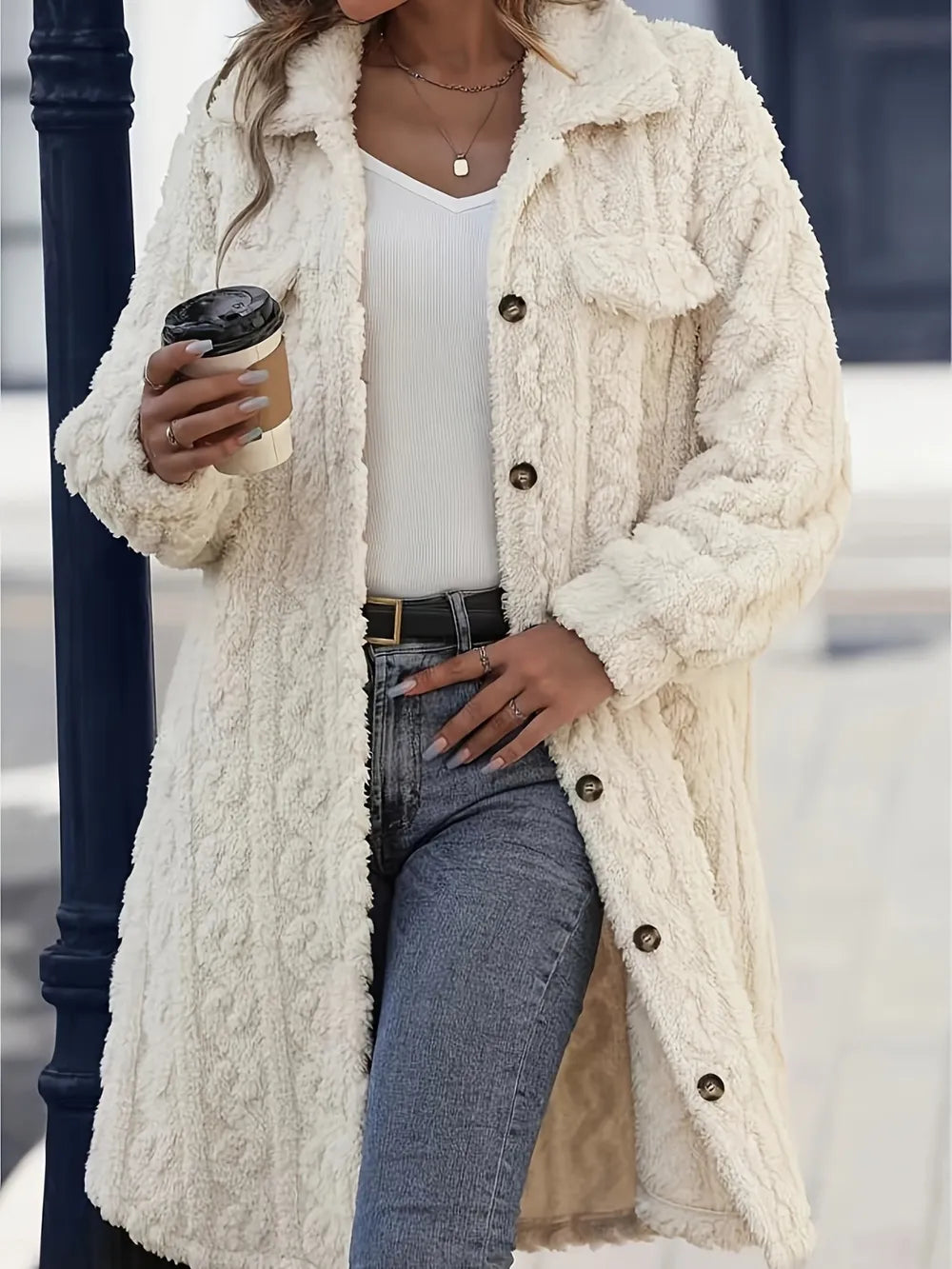 Fuzzy Button Up Long Sleeve Longline Coat Fitggins