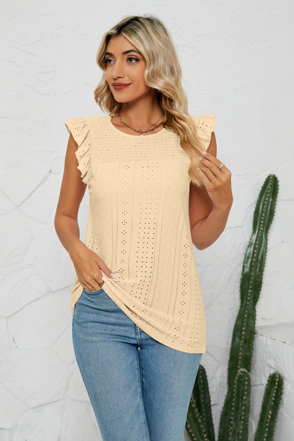 Smocked Round Neck Eyelet Top Yellow Fitggins