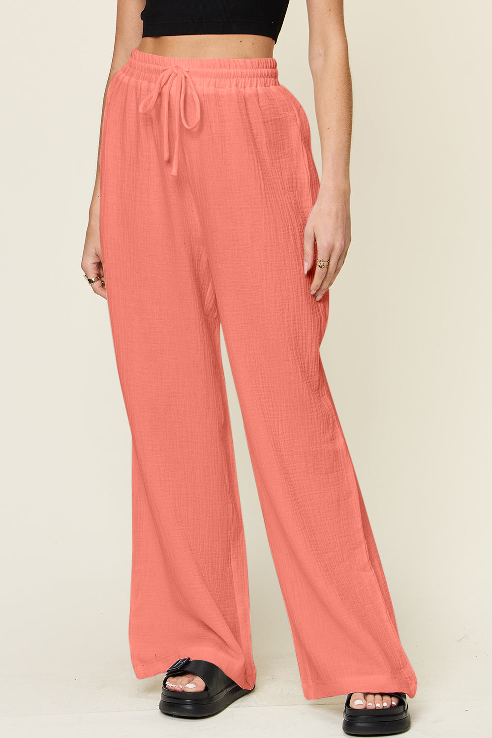 Double Take Full Size Texture Drawstring Wide Leg Pants - Pants - FITGGINS