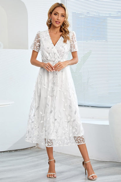 Sequin Leaf Embroidery Tie Front Short Sleeve Dress - Cocktail Dresses - FITGGINS