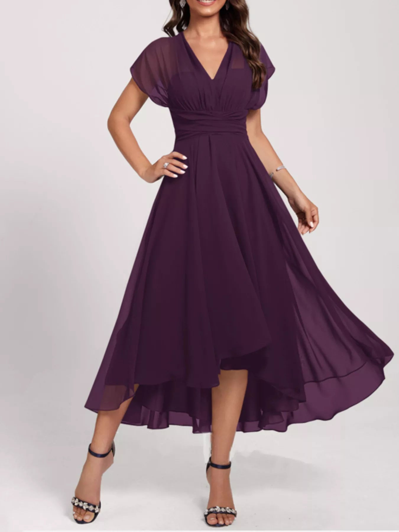 Ruched A-Line Midi Dress Grape Purple Fitggins