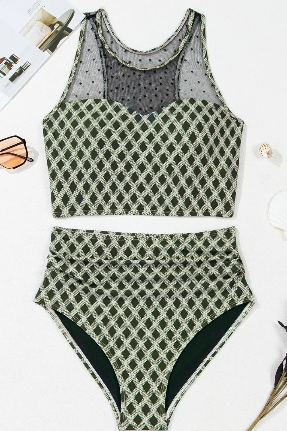 Dotted Mesh Plaid Patchwork High Waisted Swim Set Fitggins
