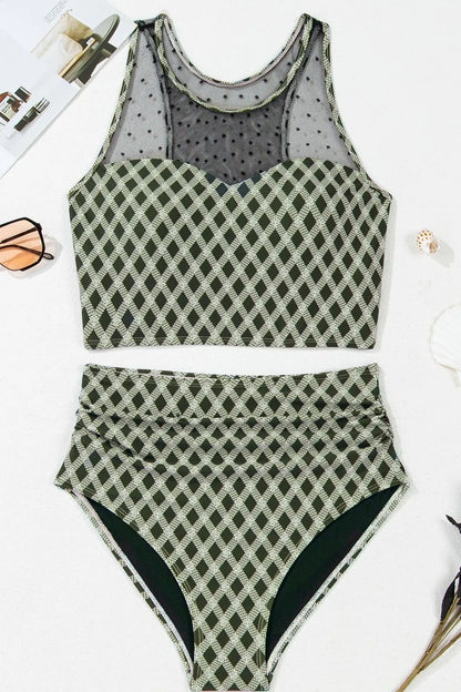 Dotted Mesh Plaid Patchwork High Waisted Swim Set Fitggins
