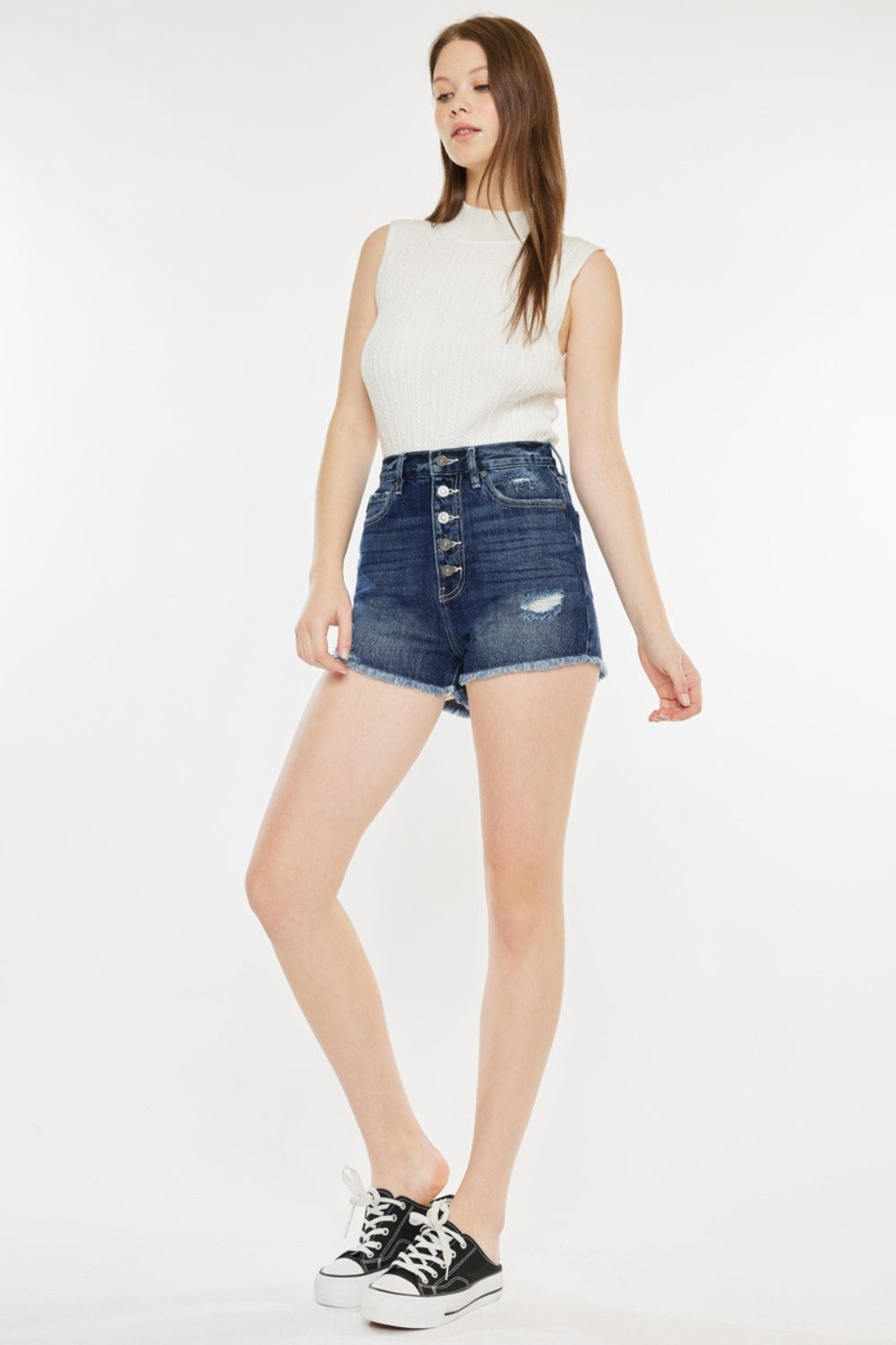 Kancan Raw Hem Button Fly Denim Shorts - Denim Shorts - FITGGINS