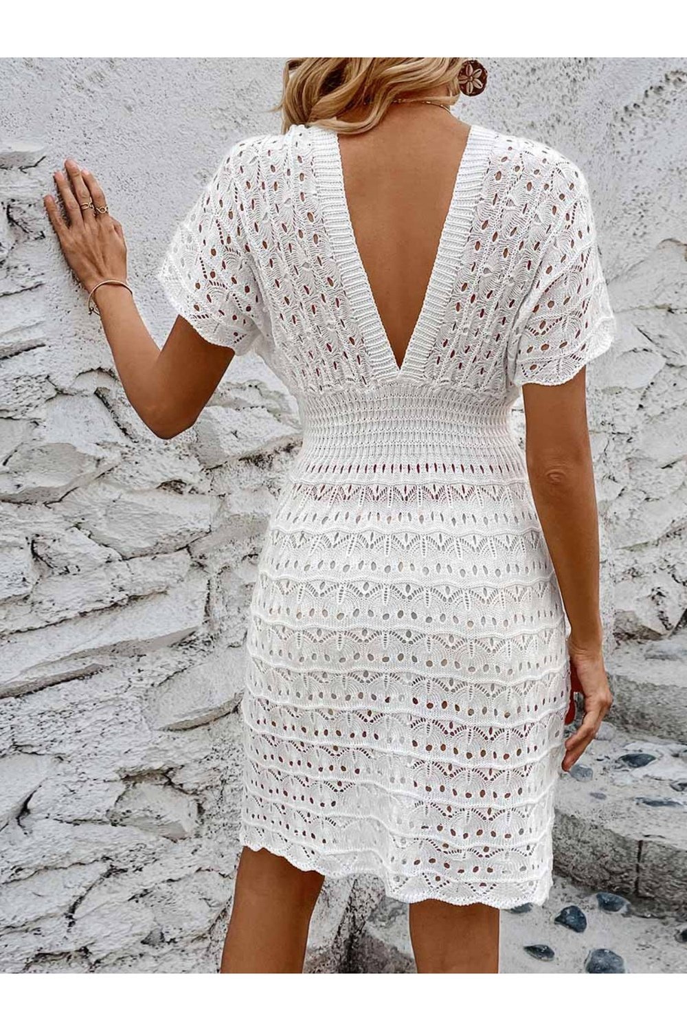 Openwork Plunge Short Sleeve Cover-Up Dress - Cover-Ups - FITGGINS