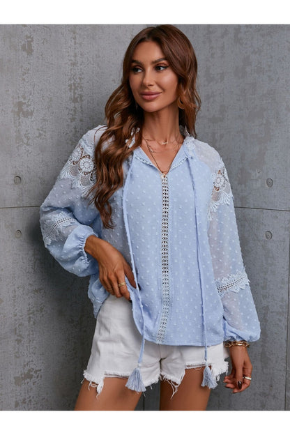 Crochet Tassel Tie Neck Long Sleeve Blouse - Blouses - FITGGINS