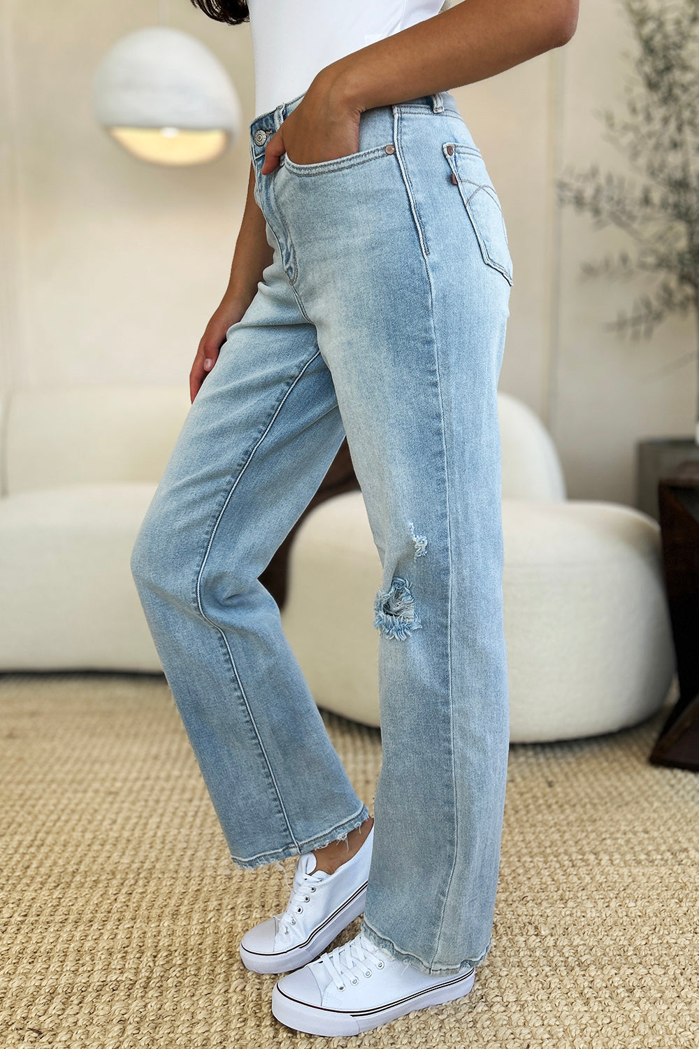 Judy Blue Full Size High Waist Distressed Straight Jeans - Jeans - FITGGINS