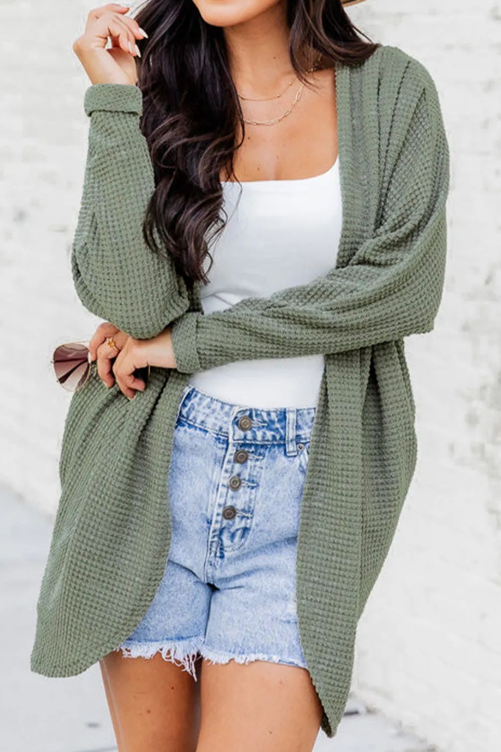 Waffle-Knit Open Front Long Sleeve Cover Up - Cardigans - FITGGINS