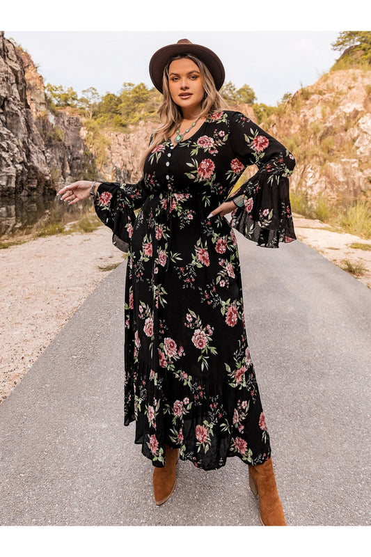 Plus Size Floral Flare Sleeve Dress - Casual & Maxi Dresses - FITGGINS