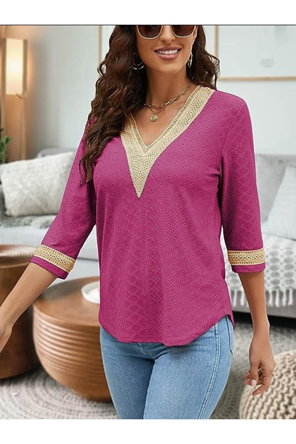 V-Neck Eyelet Blouse - Blouses - FITGGINS