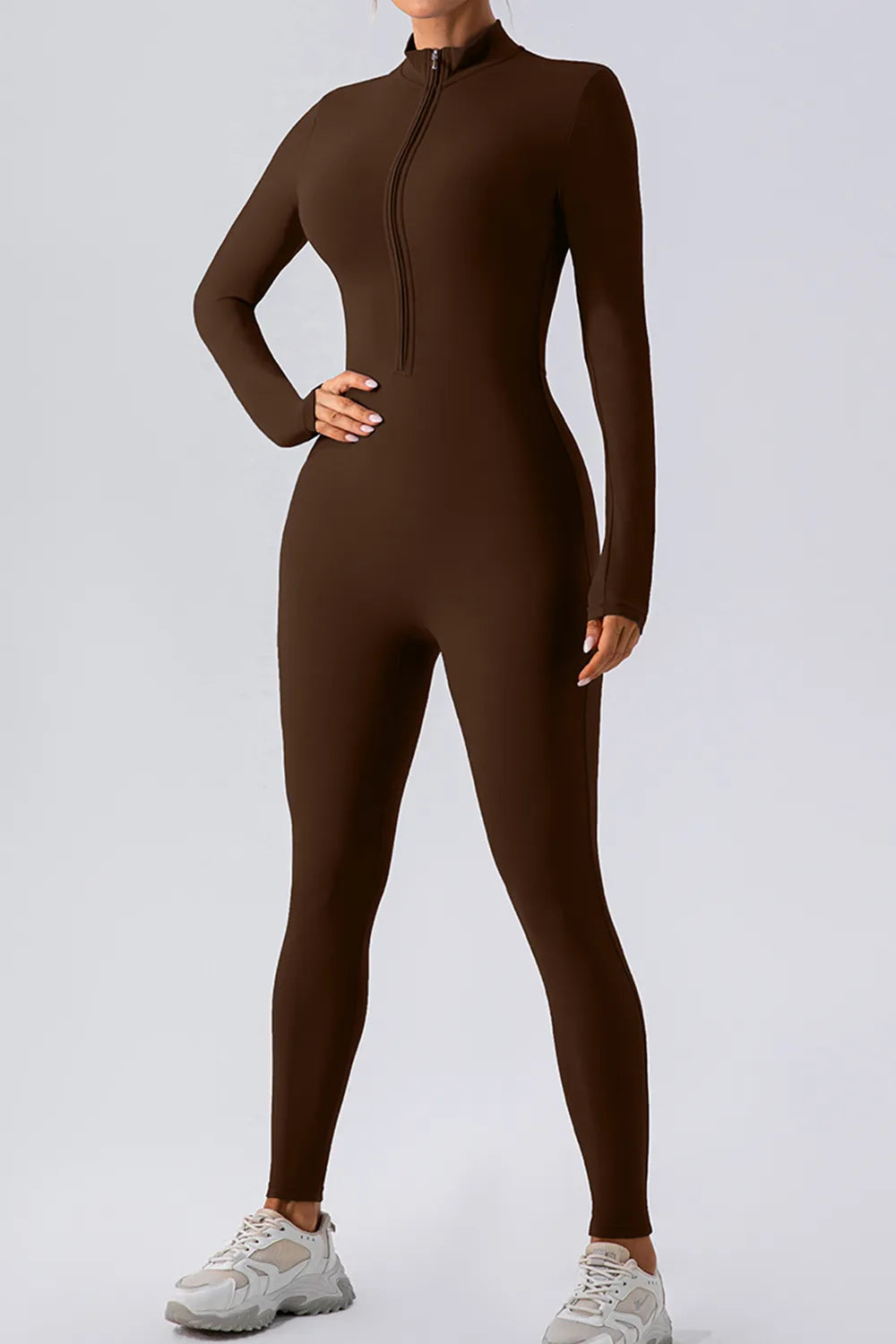 Half Zip Mock Neck Active Jumpsuit Chocolate Fitggins