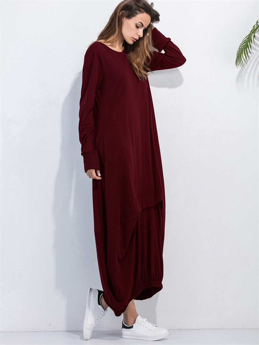 Full Size Round Neck Long Sleeve Sweatshirt Dress Fitggins