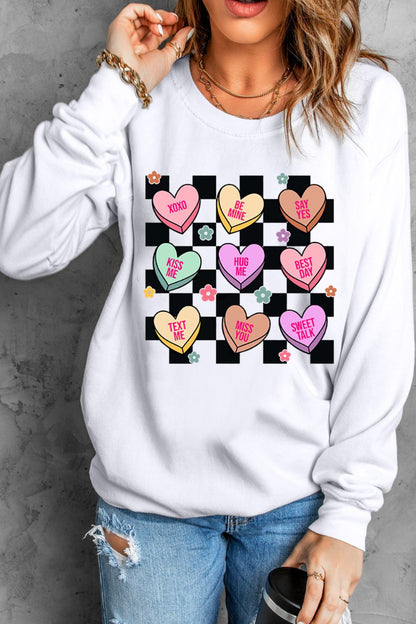 Valentine's Day Checkered Heart Long Sleeve Sweatshirt - Sweatshirts & Hoodies - FITGGINS