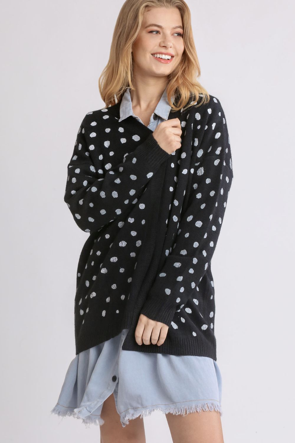 Umgee Polka Dot Open Front Drop Shoulder Cardigan - Cardigans - FITGGINS