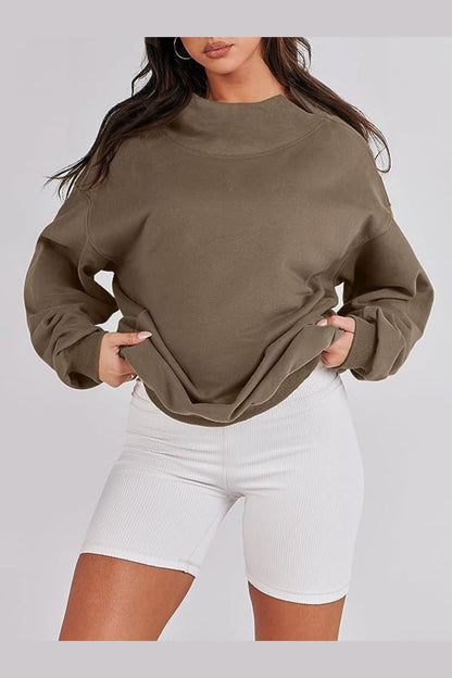 Mock Neck Drop Shoulder Long Sleeve Sweatshirt - Sweatshirts & Hoodies - FITGGINS