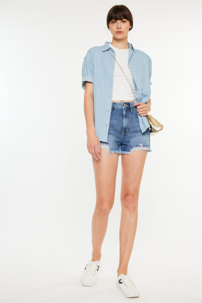 Kancan Distressed Raw Hem High Waist Denim Shorts - Denim Shorts - FITGGINS