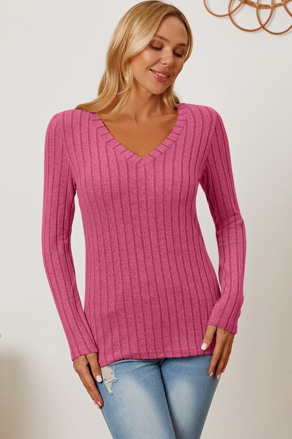 Basic Bae Full Size Ribbed V-Neck Long Sleeve T-Shirt - T-Shirts - FITGGINS