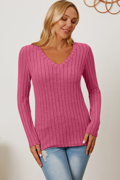 Basic Bae Full Size Ribbed V-Neck Long Sleeve T-Shirt - T-Shirts - FITGGINS