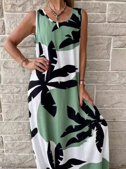 Printed Round Neck Mini Tank Dress Sage Fitggins