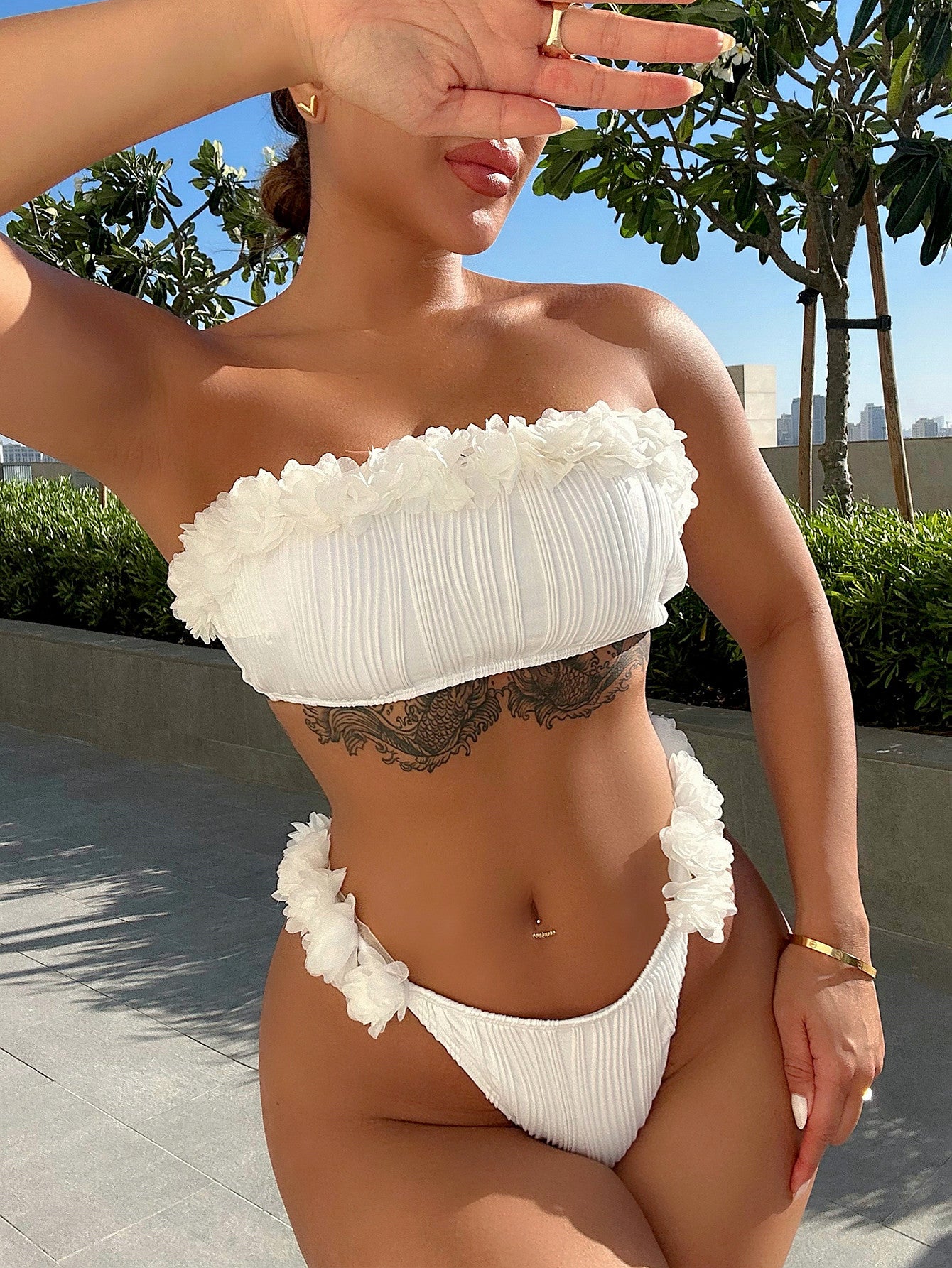 Applique Tie Back Two-Piece Bikini Set White Fitggins