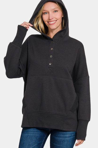 Zenana Half Snap Long Sleeve Hoodie with Kangaroo Pocket - Sweatshirts & Hoodies - FITGGINS