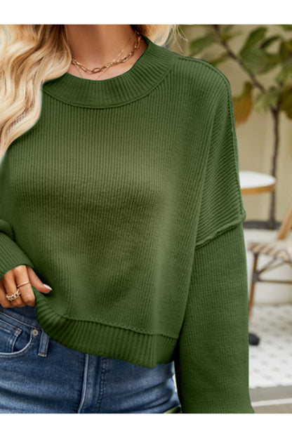 Round Neck Lantern Sleeve Sweater - Pullover Sweaters - FITGGINS