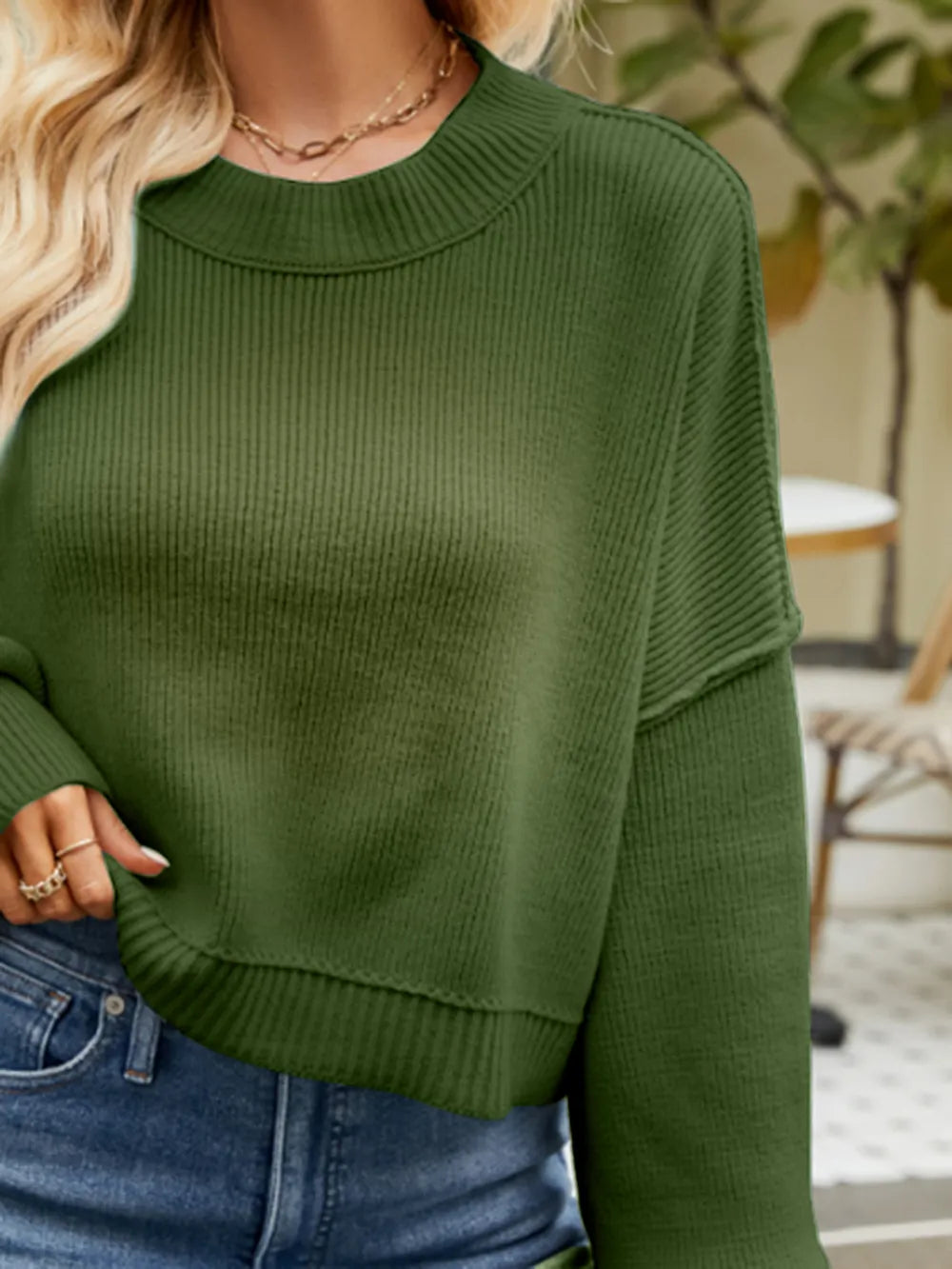 Round Neck Lantern Sleeve Sweater Fitggins